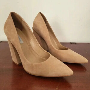 Saks Fifth Avenue Neutral Tone Suede Leather Minimalist Chunky Block Pumps(9)